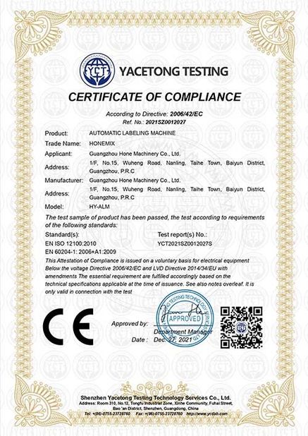 China Guangzhou Hone Machinery Co., Ltd. Certificações