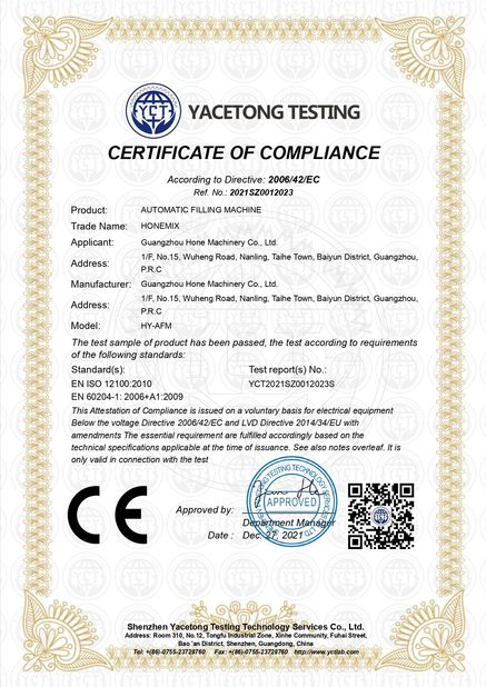 China Guangzhou Hone Machinery Co., Ltd. Certificações