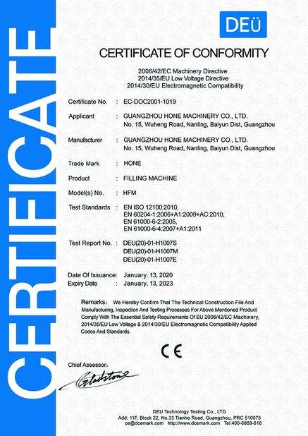 China Guangzhou Hone Machinery Co., Ltd. Certificações